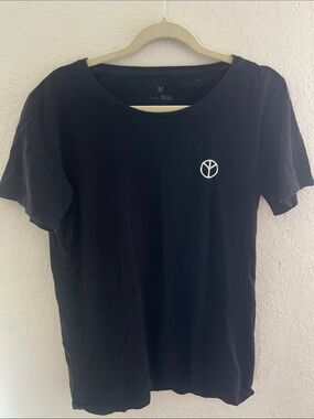 Black Crewneck Short-Sleeve Tee with White Peace Emblem